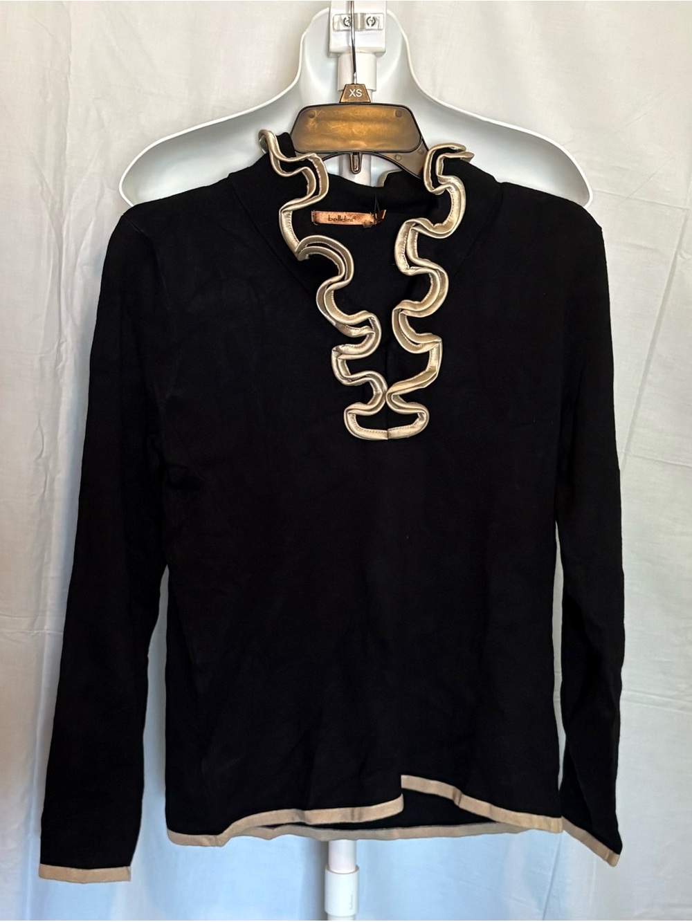 Belldini Black Long Sweater Top with Cream Ruffle Trim